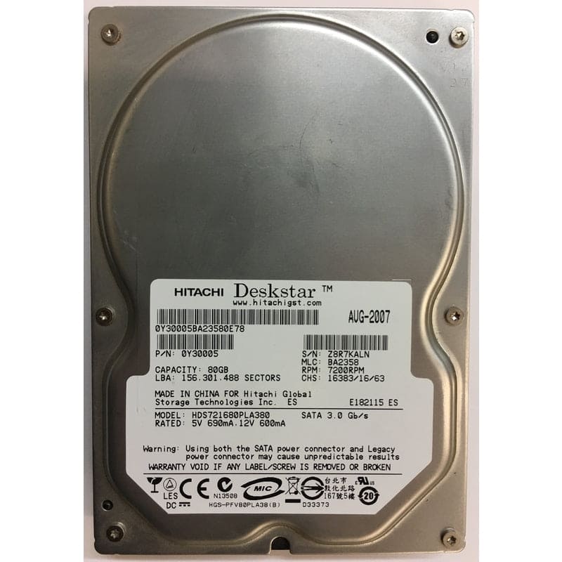 Hitachi DESKSTAR 7K160 0Y30005 80GB 7200RPM 8MB SATA-300 3.5'' HARD DRIVE FACTORY RECERTIFIED