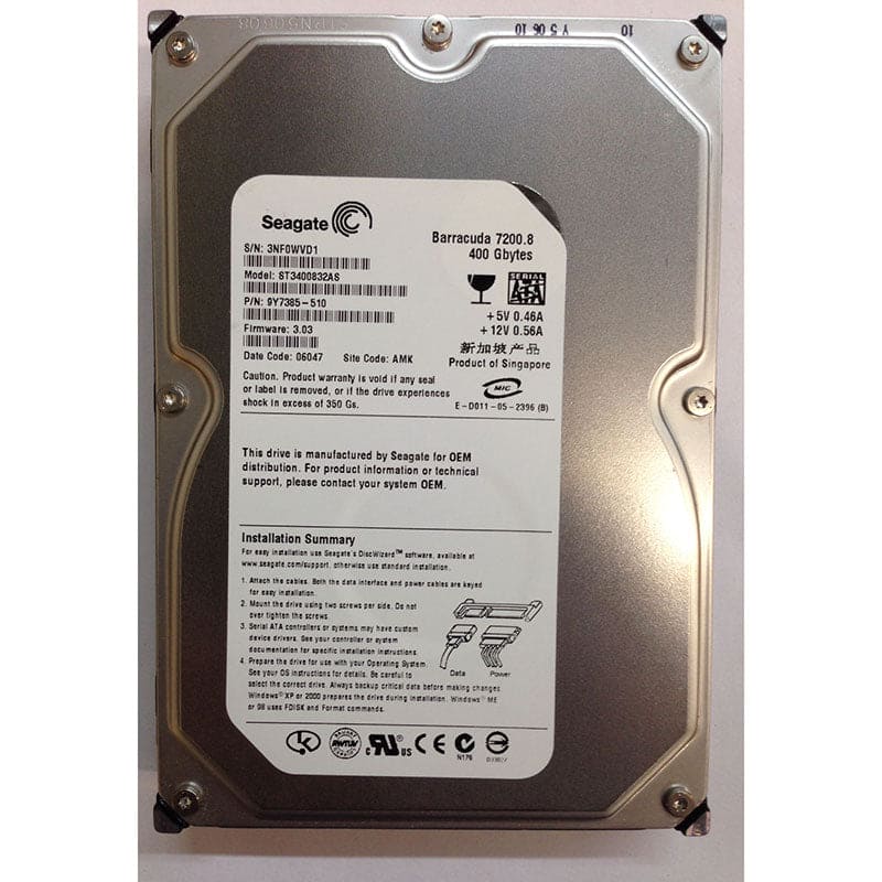 Seagate Barracuda 7200.8 ST3400832AS 400GB 7200RPM 8MB SATA-150 3.5" INTERNAL HARD DRIVE