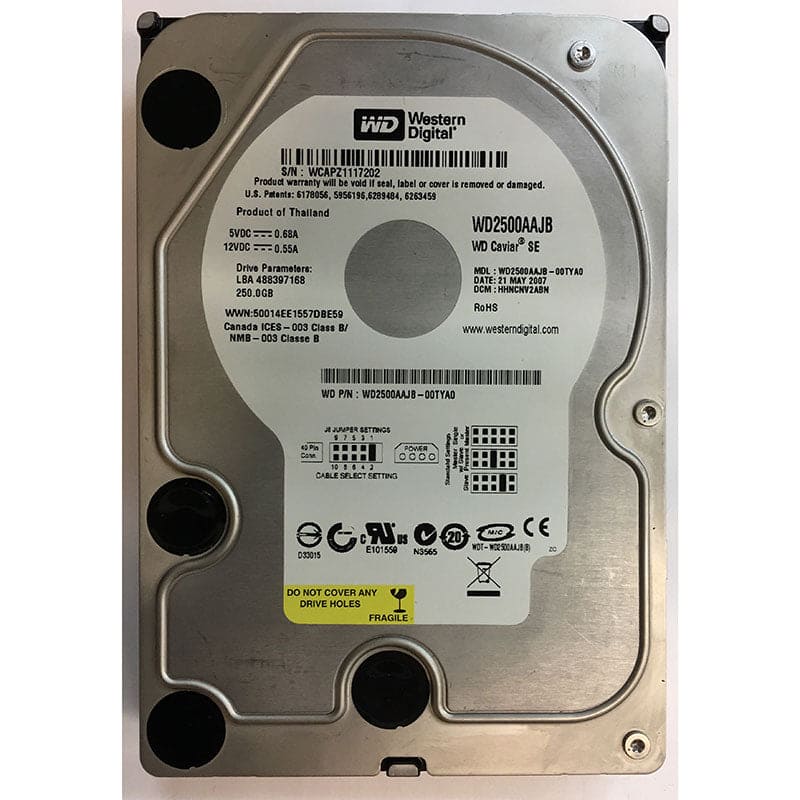 WD CAVIAR 250GB PATA HD 7200RPM 3.5LP 9MS 8MB FACTORY RECERTIFIED