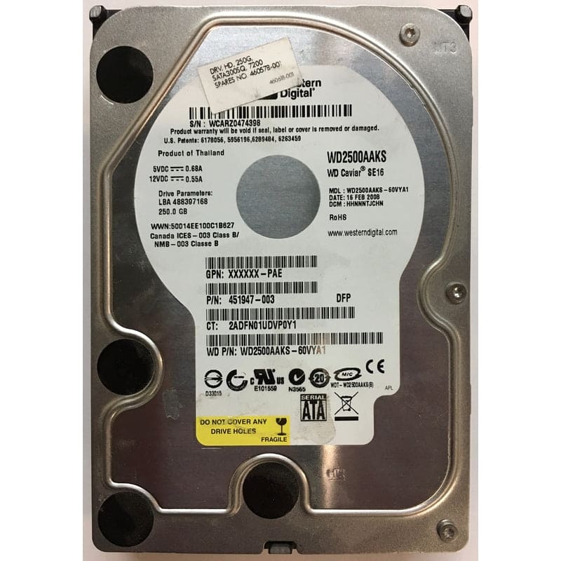 Western Digital WD Blue WD2500AAKS 250GB 7200 RPM 16MB Cache SATA 3.0Gb/s 3.5