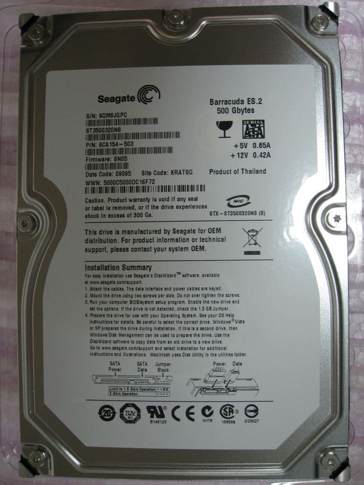 Seagate Barracuda ES.2 ST3500320NS 500GB 7200RPM 32MB SATA-300 3.5" HARD DRIVE