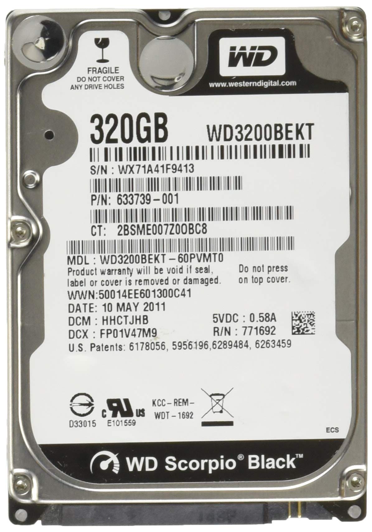 WD Scorpio Black 320 GB Internal hard drive - 300 MBps - 7200 rpm - Factory Recertified