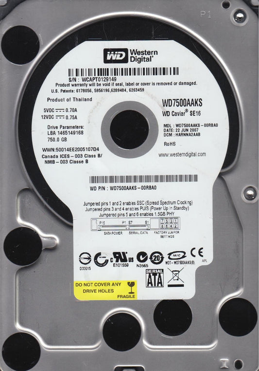 Western Digital CAVIAR SE WD7500AAKS 750GB 7200RPM SATA-300 3.5" HARD DRIVE