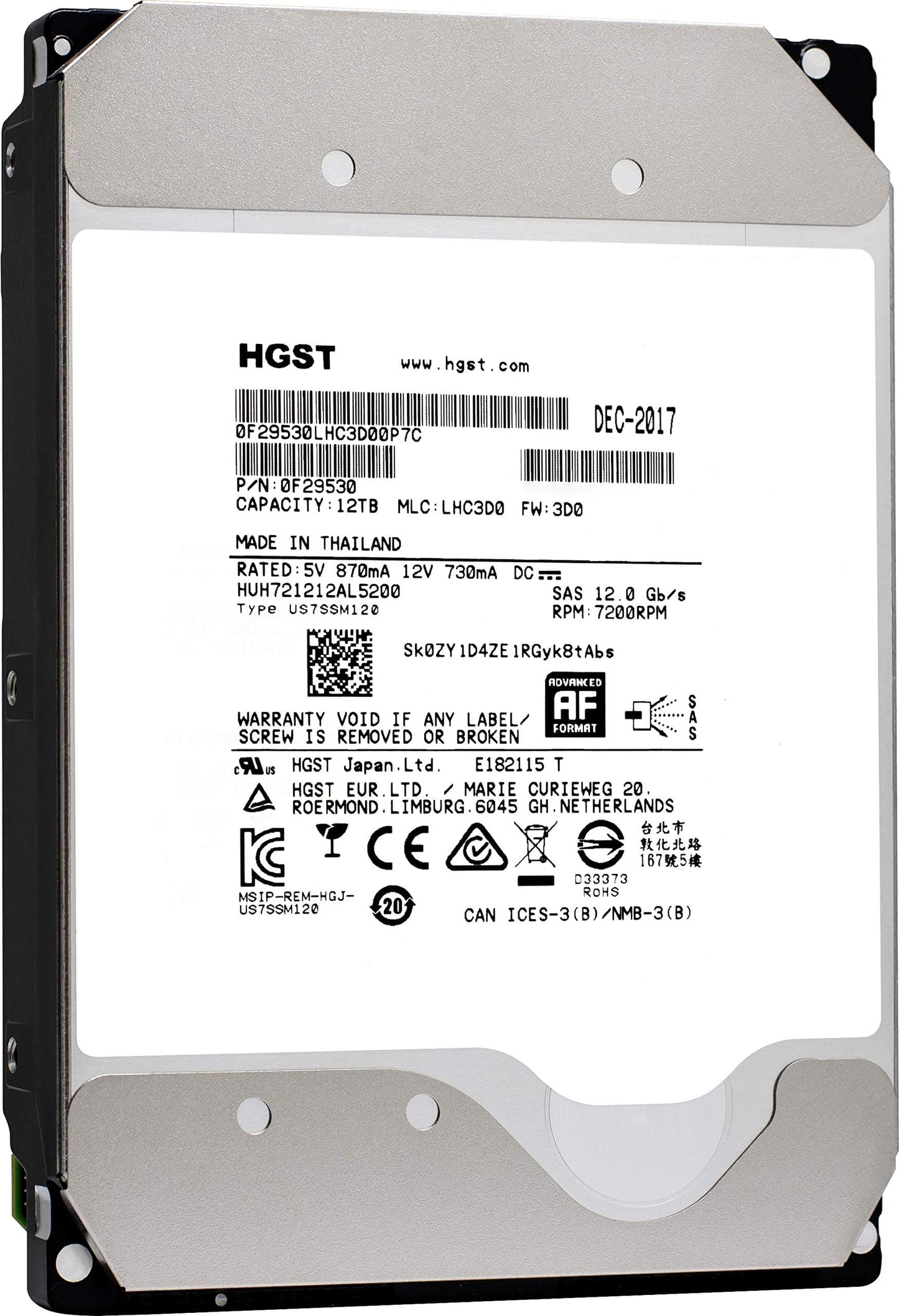 HGST Ultrastar He12 HUH721212AL5200 12TB SAS 3.5" Internal Hard Drive 0F29530