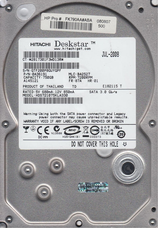 Hitachi DESKSTAR 7K1000 HDS721075KLA330 / 0A33862 750GB 7200RPM 32MB SATA-300 3.5' HARD DRIVE