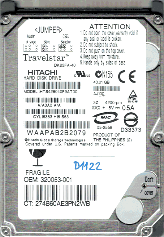 Hitachi 40GB 2.5 Inch 9.5 mm 4200 RPM ATA Notebook HDD