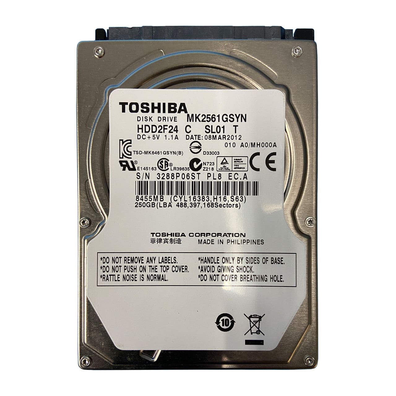 TOSHIBA MK2561GSYN 250GB 7200 RPM 16MB Cache SATA 3.0Gb/s 2.5" Internal Notebook Hard Drive Bare Drive