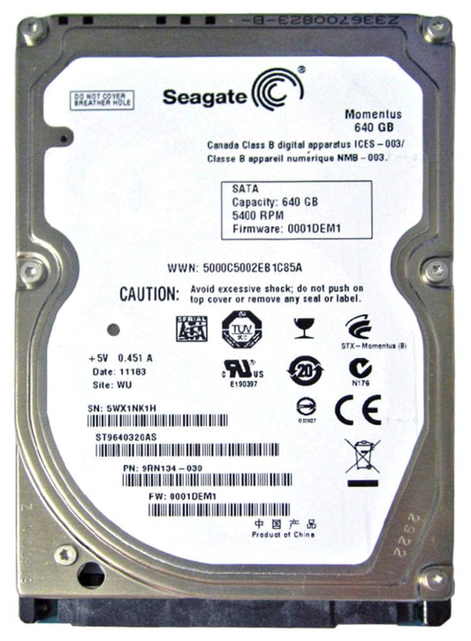 Seagate Momentus 5400 ST9640320AS 640GB 5400 RPM 8MB Cache 2.5" SATA 3.0Gb/s FACTORY RECERTIFIED