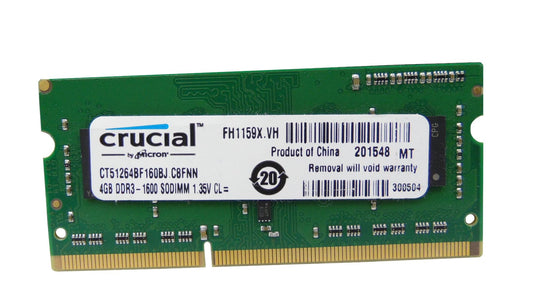 Crucial CT51264BF160BJ.C8FNN 4GB DDR3-1600 MHz SoDimm Memory Module.