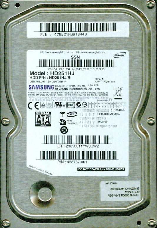 Samsung SpinPoint F1 Desktop Class 250 GB Internal hard drive Serial ATA-300 3.5" 7200 rpm HD251HJ