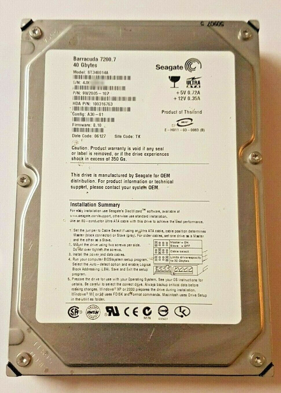 Seagate Barracuda 7200.7 ST340014A 40GB 7200RPM 2MB BUFFER 300 3.5" HARD DRIVE