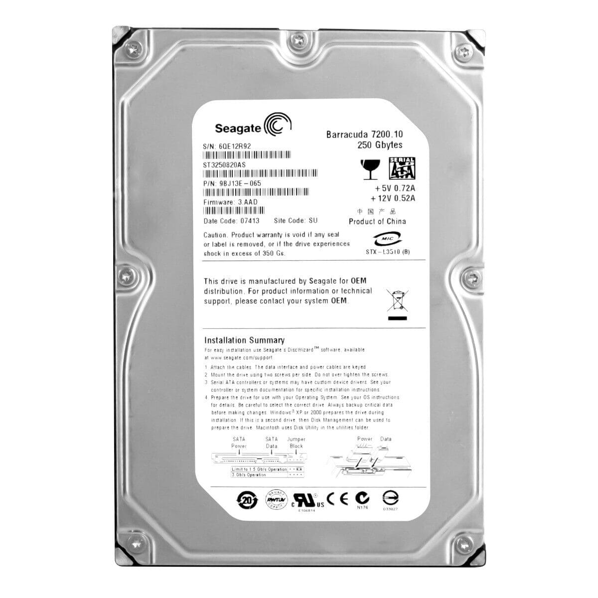 Seagate Barracuda 7200.10 ST3250820AS 250GB 7200 RPM 8MB Cache SATA 3.0Gb/s 3.5"