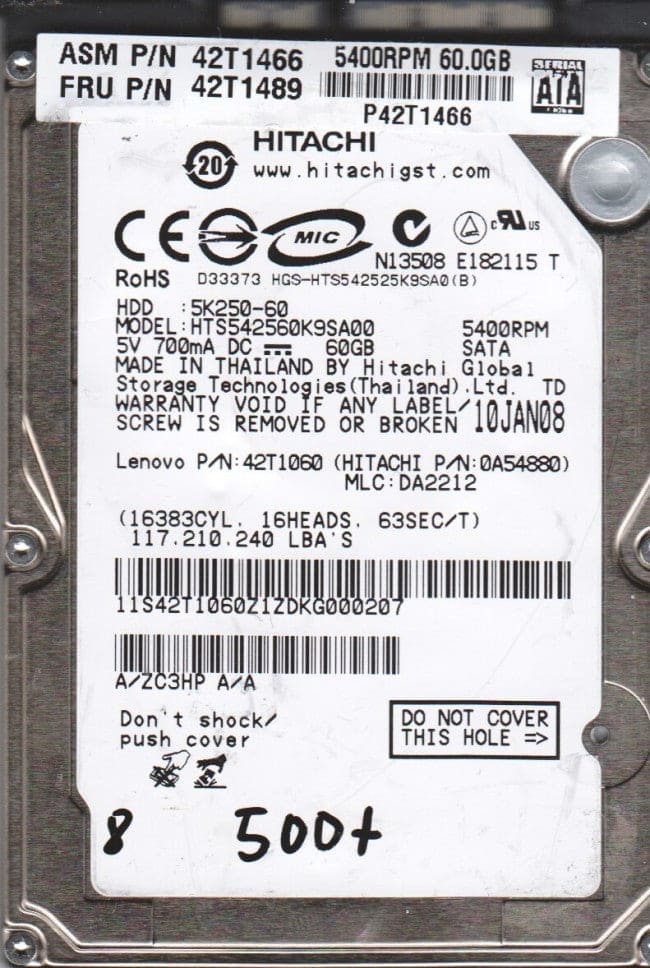 Hitachi TRAVELSTAR 5K250 HTS542560K9SA00 60GB 5400RPM SATA-300 2.5" HARD DRIVE