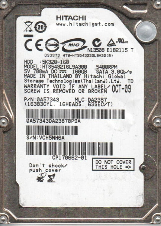 Hitachi TRAVELSTAR 5K320 HTS543216L9A300 160GB 5400RPM 8MB SATA-300 2.5" HARD DRIVE