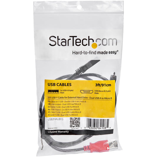 Startech USB2HAUBY3 3 ft USB Y Cable for External Hard Drive